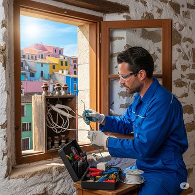 Electricista en Villajoyosa rehabilitando una instalación antigua en una casa tradicional con vistas a las casas de colores
