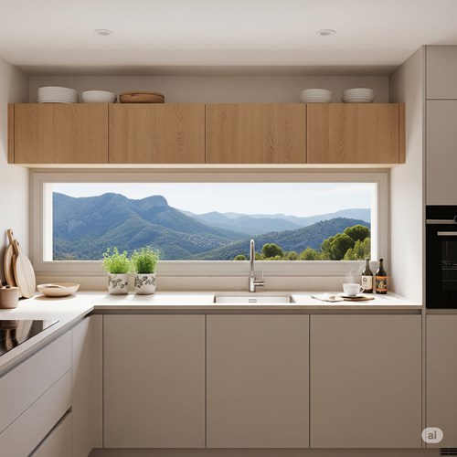 Cocina moderna reformada en un chalet de Polop con una gran ventana y vistas a la montaña.