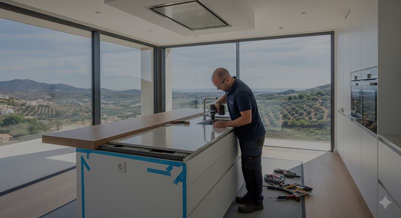 Obrero instalando con precisión la encimera de una isla en la reforma de una cocina en Alfaz del Pi.