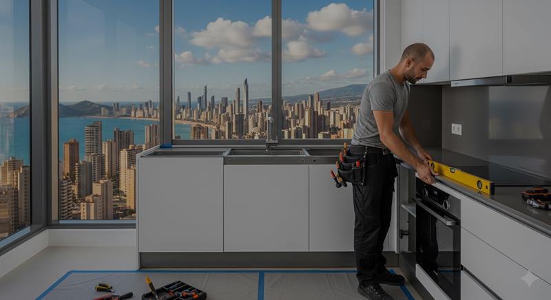 Trabajador instalando un horno integrado en la reforma de una cocina con vistas a Benidorm.