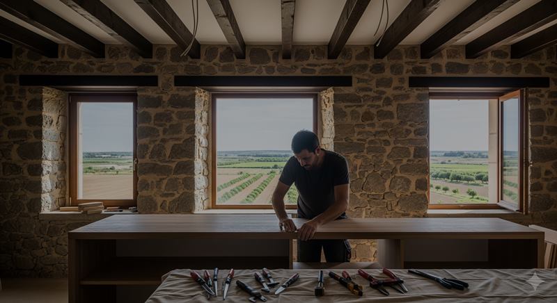 Artesano carpintero ajustando una encimera de madera durante la reforma de una cocina rústica en Callosa.