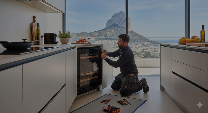Obrero instalando una vinoteca integrada en la reforma de una cocina de diseño en Calpe con vistas al Peñón.