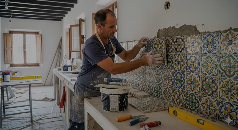 Trabajador colocando azulejos con patrón tradicional en la reforma de una cocina en La Vila (Villajoyosa).