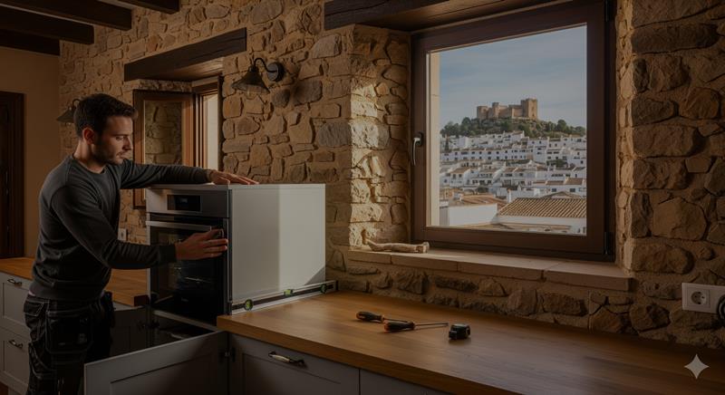 Obrero instalando un horno integrado en la reforma de una cocina con vistas al castillo de Polop.
